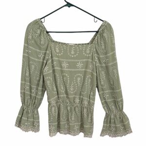 CATO WOMENS PEA GREEN OFF THE SHOULDER EYELET DETAIL BLOUSE SIZE XS